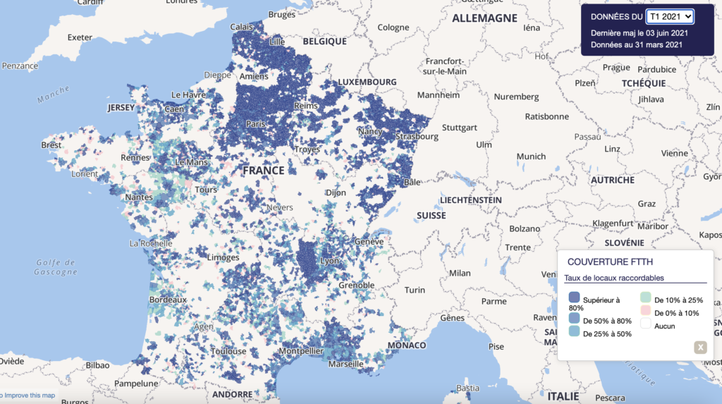 Carte d'élibilité à la fibre FTTH en France
