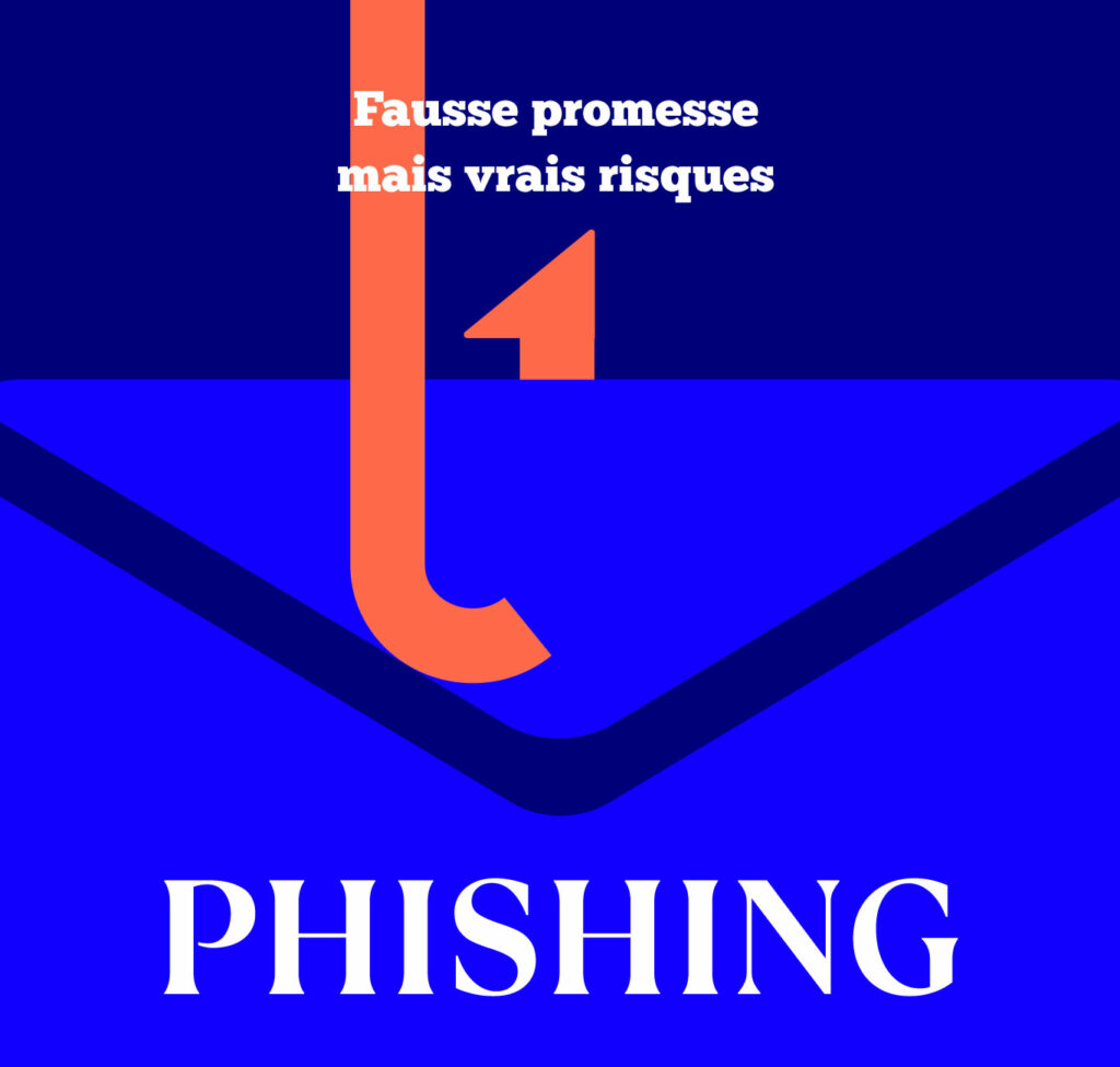 Illustration d’une enveloppe bleue et d’un hameçon orange mettant en scène une attaque de phishing, soulignant la nécessité de protéger ses e-mails et d’assurer sa cybersécurité.